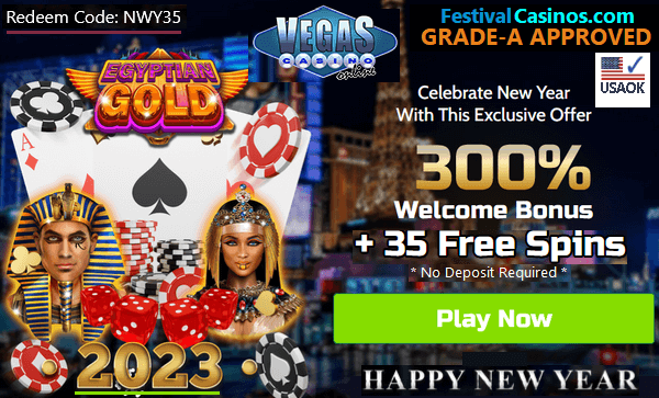 Vegas Casino Online, New Year 2023 promotion, free spins no deposit bonus